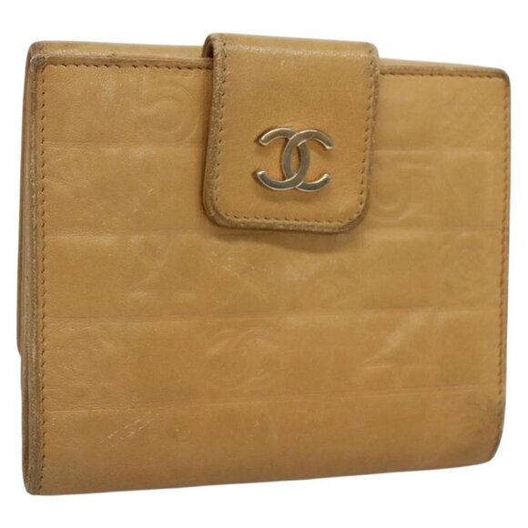 CHANEL Icon Line Bifold Wallet Leather Beige CC - Picture 1 of 16